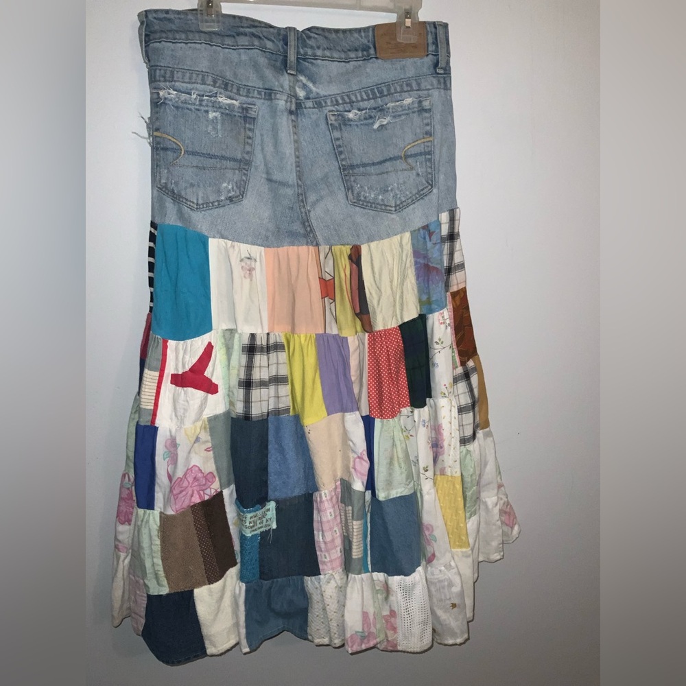 Upcycled Vintage AEO Bohemian Multicolored Patchwork Denim Skirt Sz 8 Regular - Picture 7 of 9